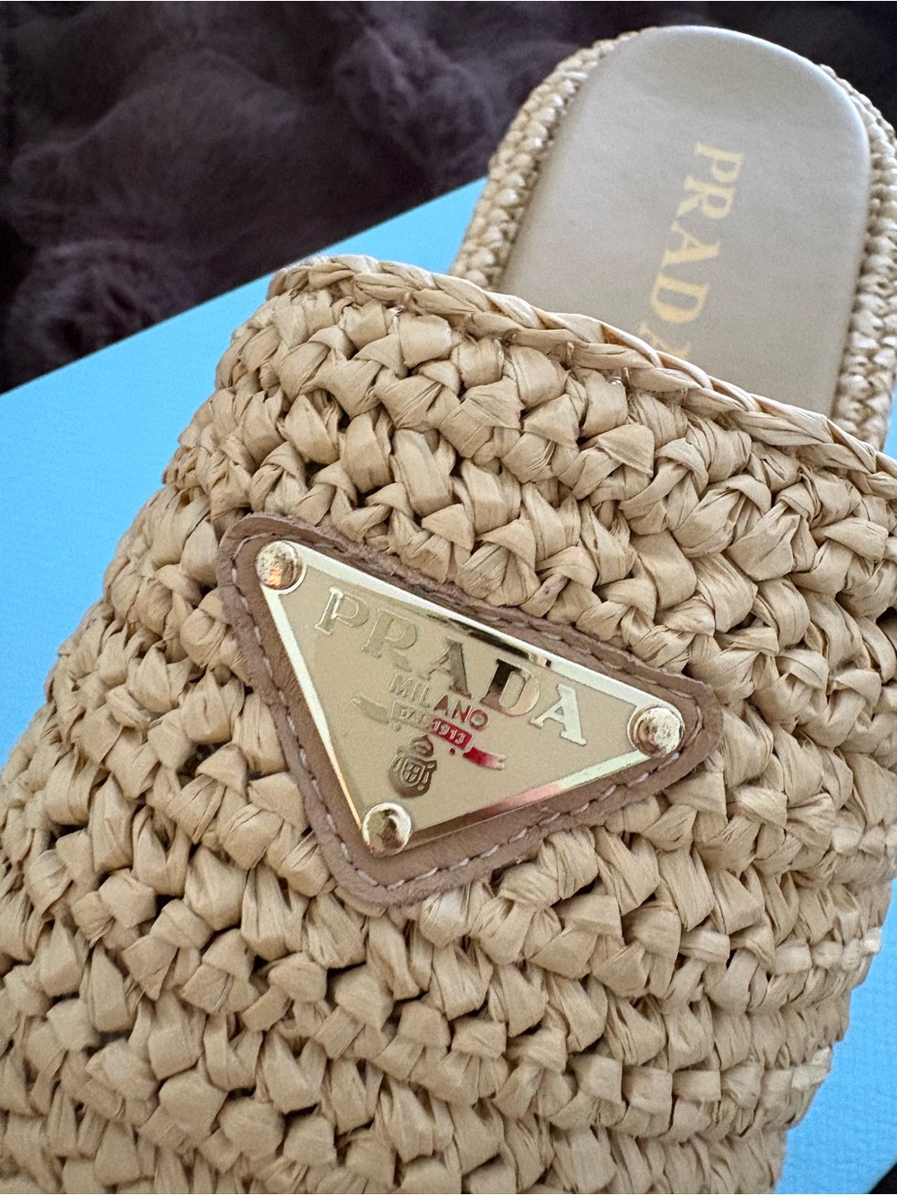 Prada Natural Raffia Slide Sandals with Gold Logo - Picture 2 of 3